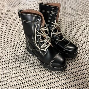 Alexa Chung Black Leather Combat Boots with White stitching and laces